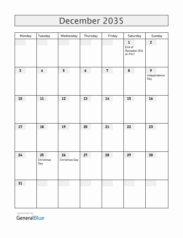 Tanzania December 2035 Calendar with Holidays