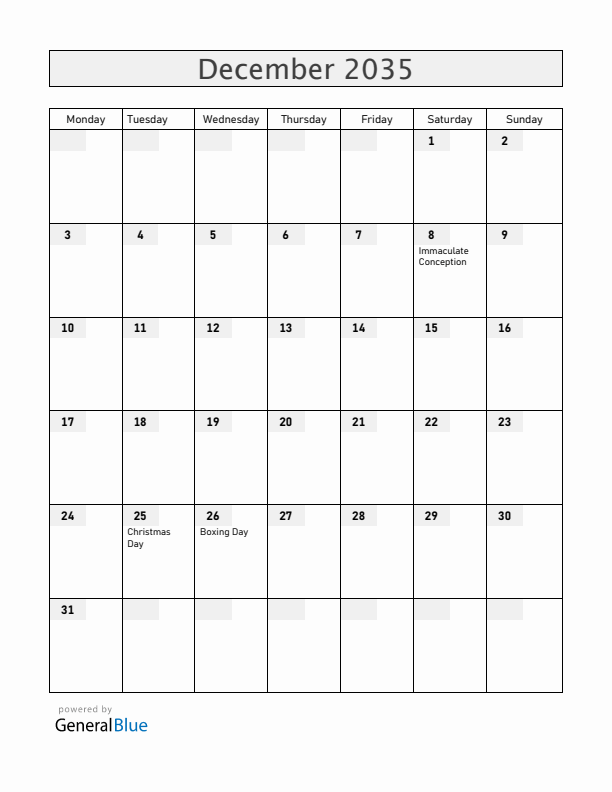 Vatican December 2035 Calendar with Holidays