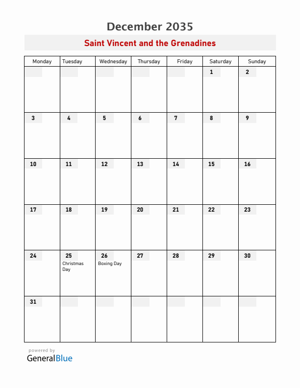 Saint Vincent and the Grenadines December 2035 Calendar with Holidays