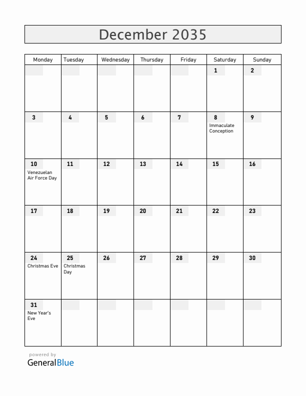Venezuela December 2035 Calendar with Holidays