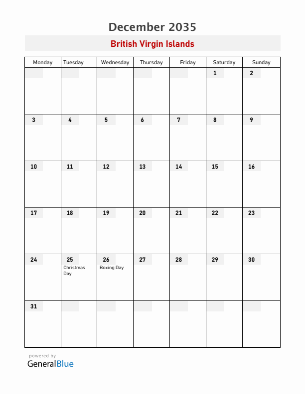 British Virgin Islands December 2035 Calendar with Holidays