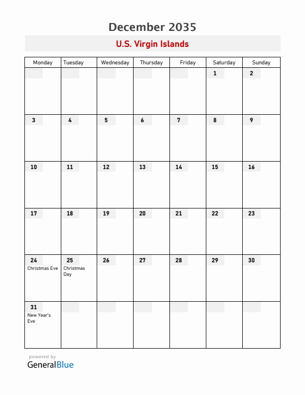 U.S. Virgin Islands December 2035 Calendar with Holidays