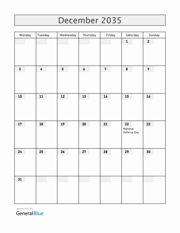 Vietnam December 2035 Calendar with Holidays