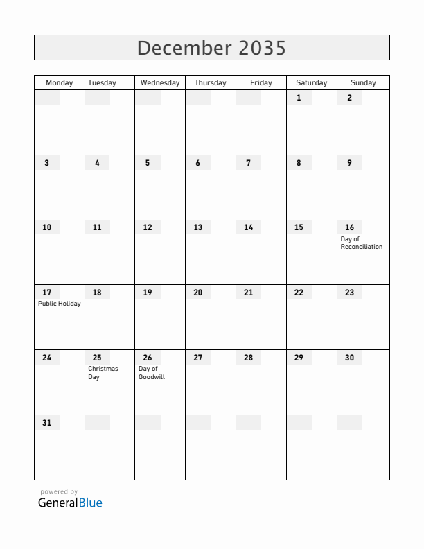 South Africa December 2035 Calendar with Holidays