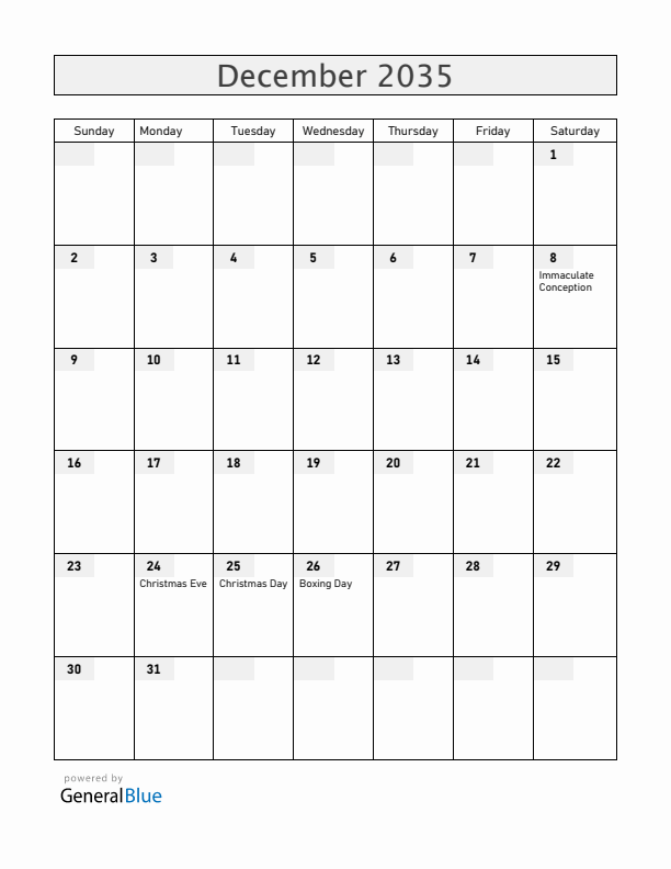 Andorra December 2035 Calendar with Holidays