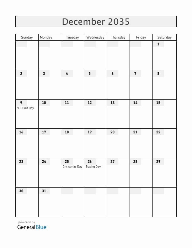 Antigua and Barbuda December 2035 Calendar with Holidays