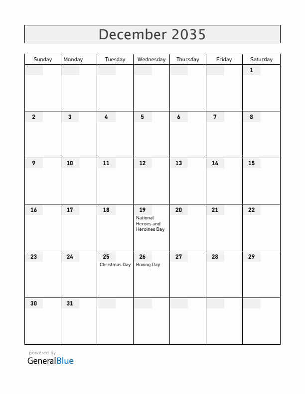 Anguilla December 2035 Calendar with Holidays