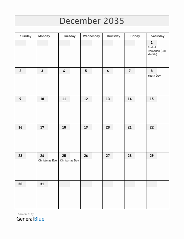 Albania December 2035 Calendar with Holidays