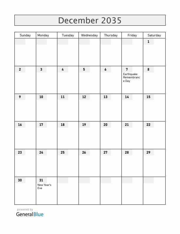 Armenia December 2035 Calendar with Holidays