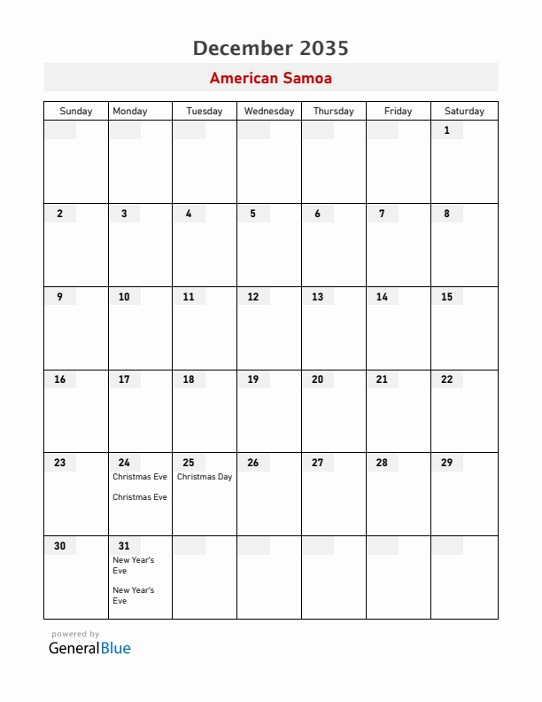 American Samoa December 2035 Calendar with Holidays