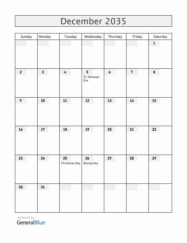 Aruba December 2035 Calendar with Holidays