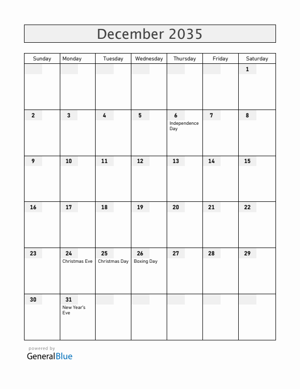 Aland Islands December 2035 Calendar with Holidays