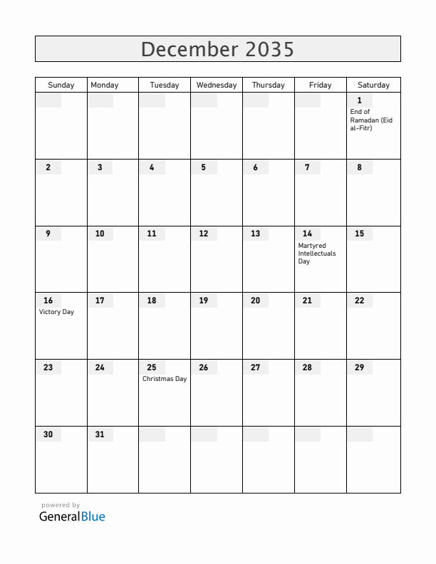 Bangladesh December 2035 Calendar with Holidays