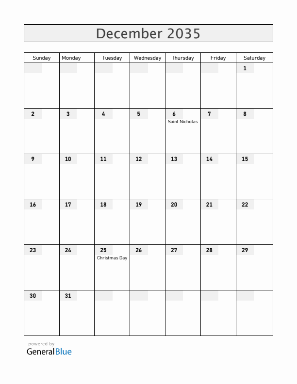 Belgium December 2035 Calendar with Holidays