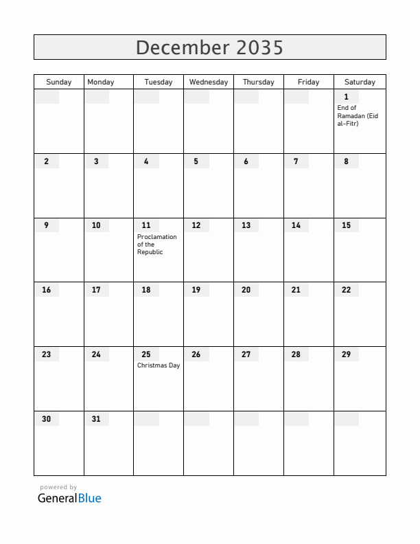 Burkina Faso December 2035 Calendar with Holidays