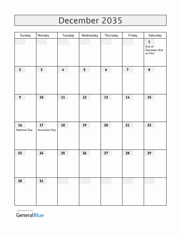 Bahrain December 2035 Calendar with Holidays