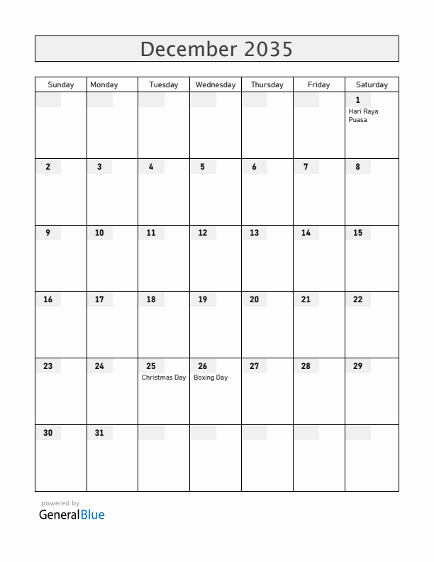 Cocos Islands December 2035 Calendar with Holidays