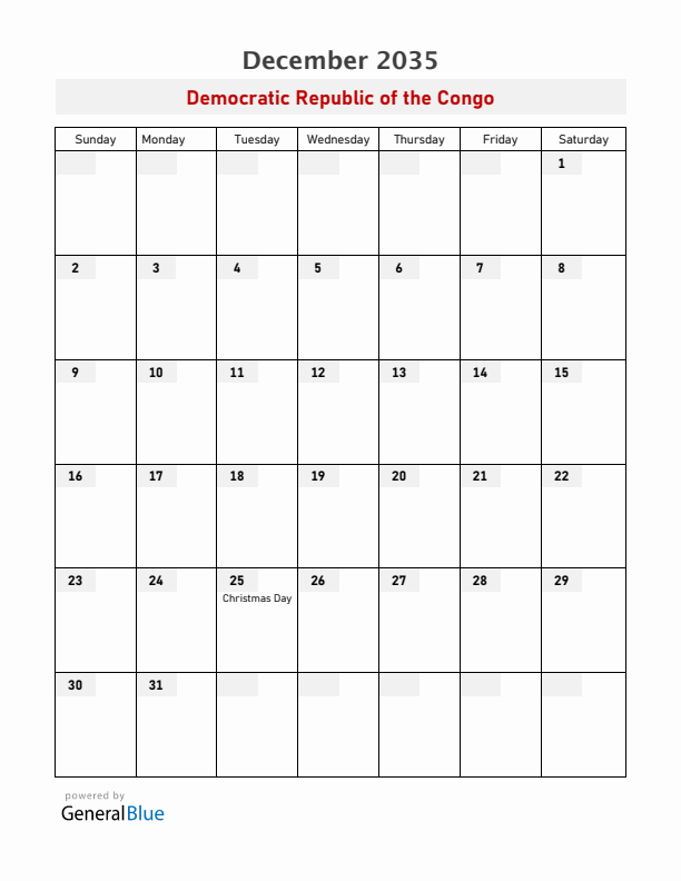 Democratic Republic of the Congo December 2035 Calendar with Holidays