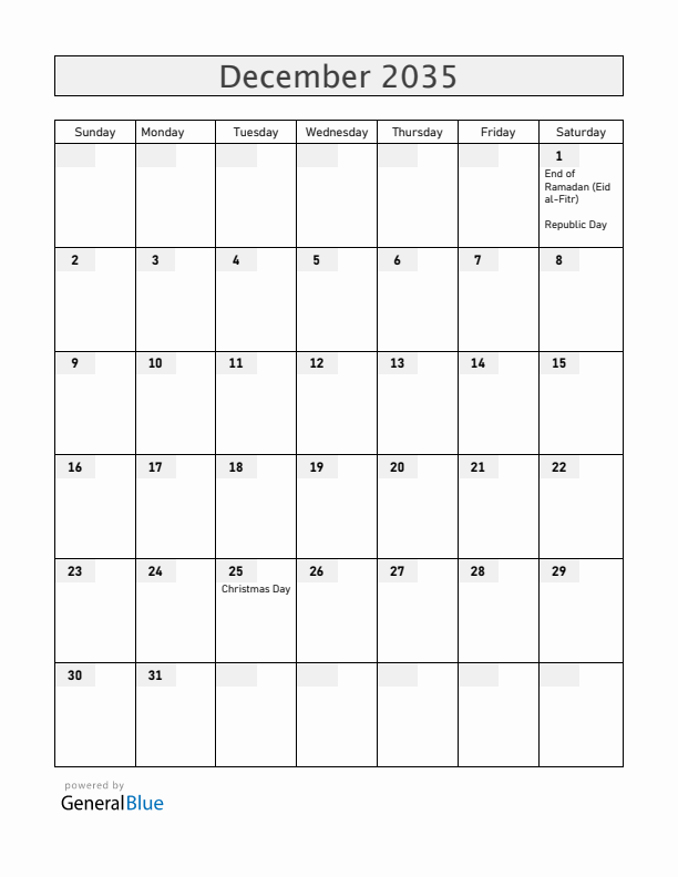 Central African Republic December 2035 Calendar with Holidays