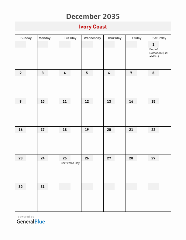 Ivory Coast December 2035 Calendar with Holidays