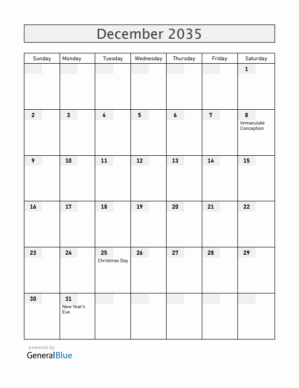 Chile December 2035 Calendar with Holidays