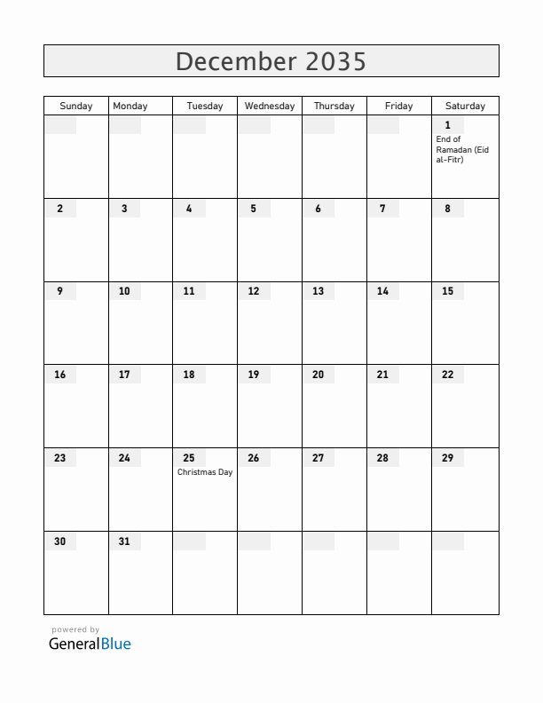 Cameroon December 2035 Calendar with Holidays