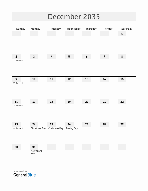 Germany December 2035 Calendar with Holidays