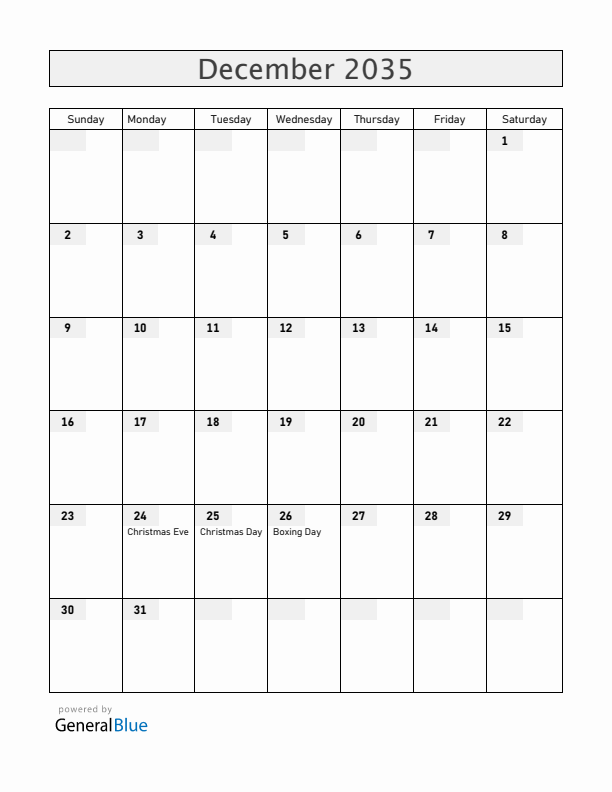 Denmark December 2035 Calendar with Holidays