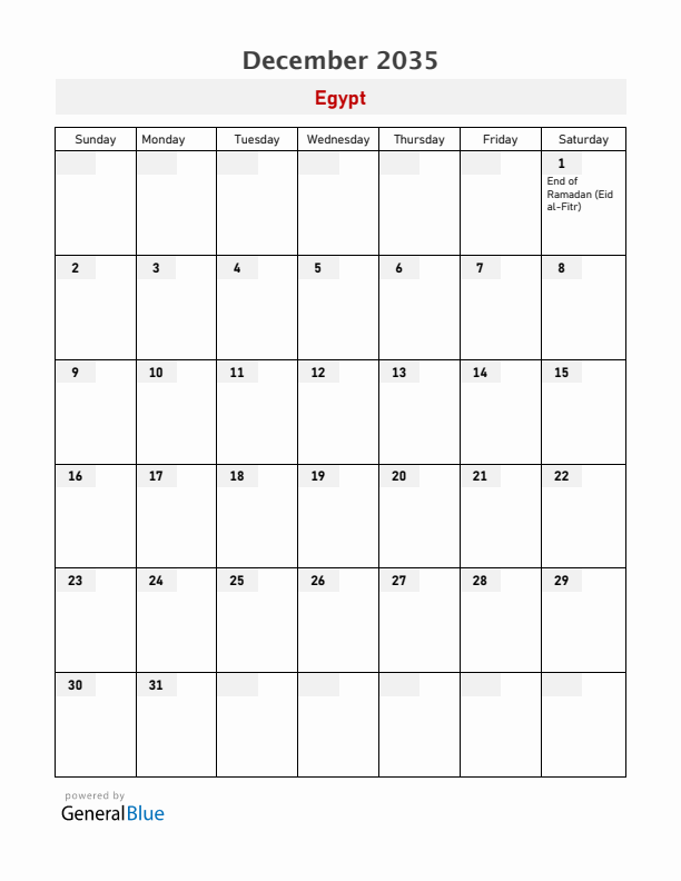 Egypt December 2035 Calendar with Holidays