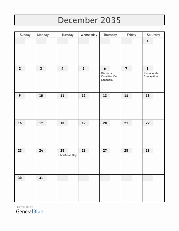 Spain December 2035 Calendar with Holidays