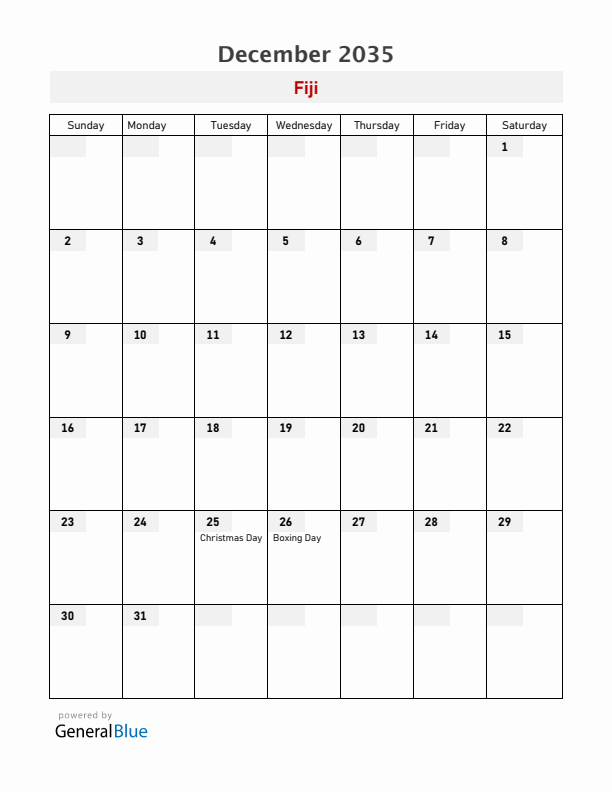 Fiji December 2035 Calendar with Holidays
