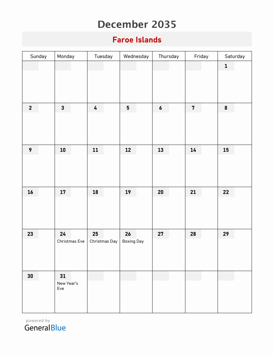 Faroe Islands December 2035 Calendar with Holidays