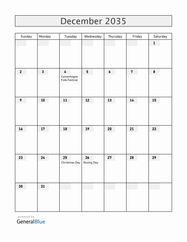 Grenada December 2035 Calendar with Holidays
