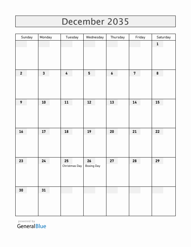 Guernsey December 2035 Calendar with Holidays