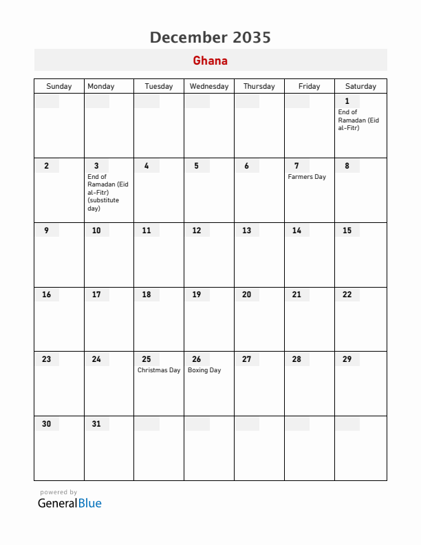 Ghana December 2035 Calendar with Holidays