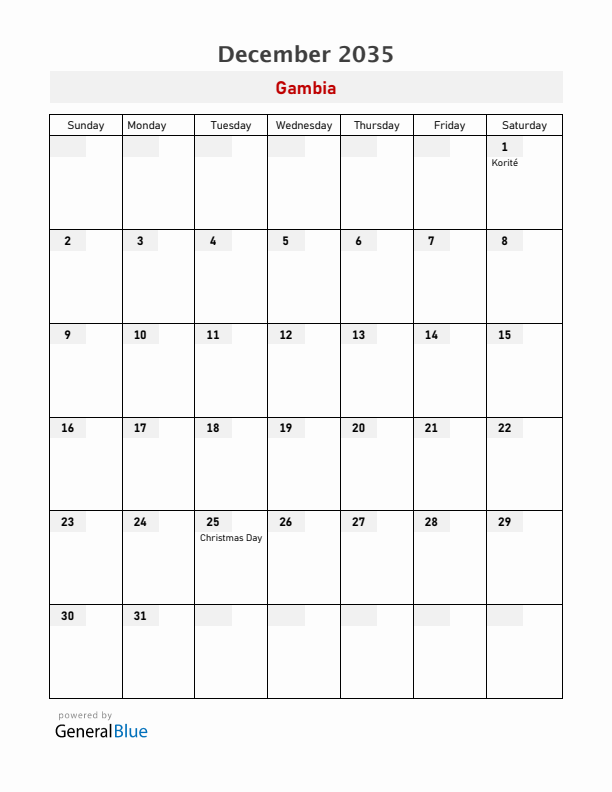 Gambia December 2035 Calendar with Holidays