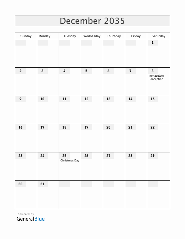 Equatorial Guinea December 2035 Calendar with Holidays