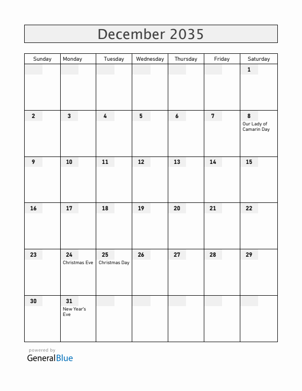 Guam December 2035 Calendar with Holidays