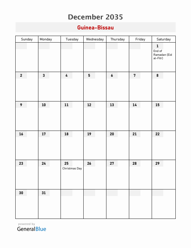 Guinea-Bissau December 2035 Calendar with Holidays