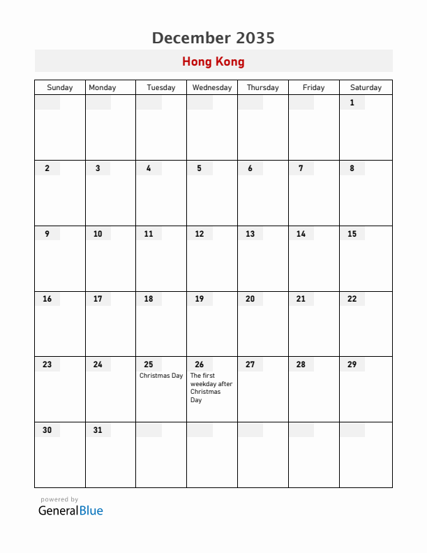 Hong Kong December 2035 Calendar with Holidays