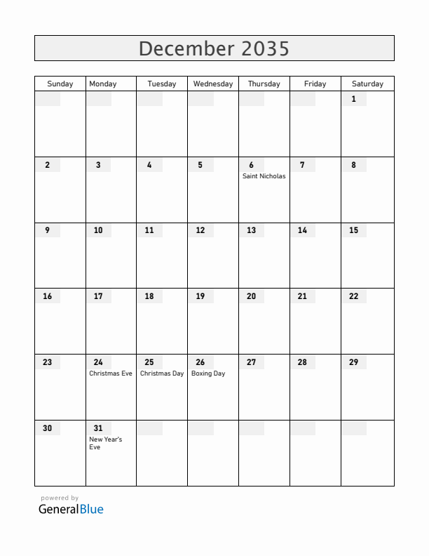 Hungary December 2035 Calendar with Holidays