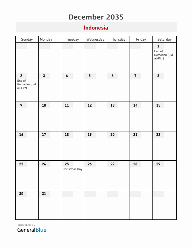 Indonesia December 2035 Calendar with Holidays