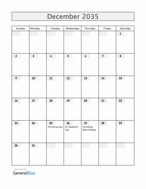 Ireland December 2035 Calendar with Holidays