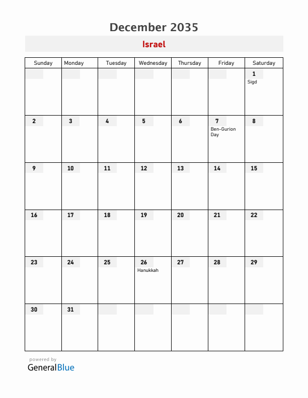 Israel December 2035 Calendar with Holidays