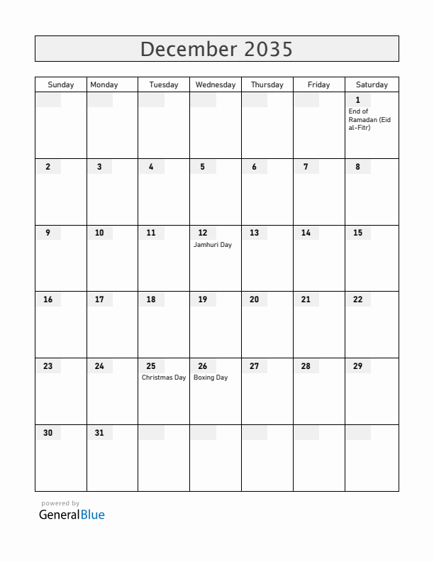 Kenya December 2035 Calendar with Holidays
