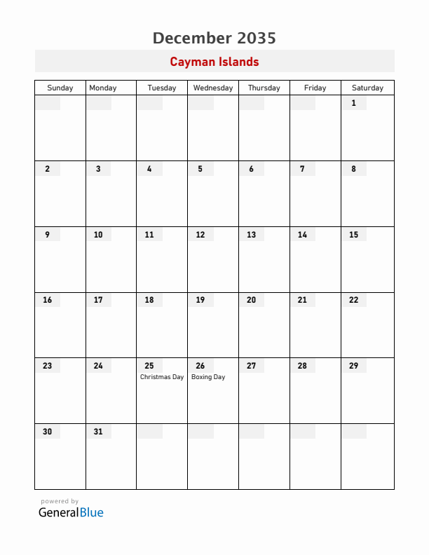 Cayman Islands December 2035 Calendar with Holidays