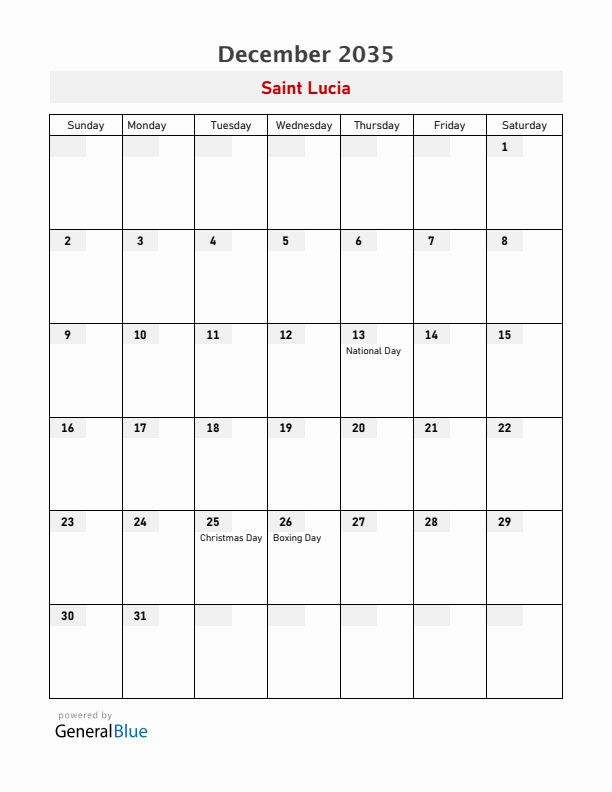 Saint Lucia December 2035 Calendar with Holidays