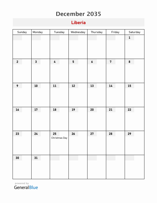 Liberia December 2035 Calendar with Holidays