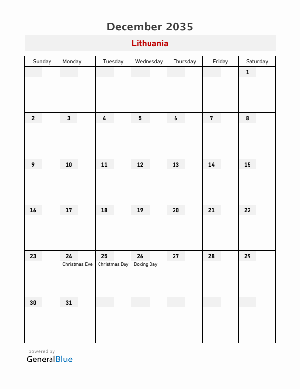 Lithuania December 2035 Calendar with Holidays