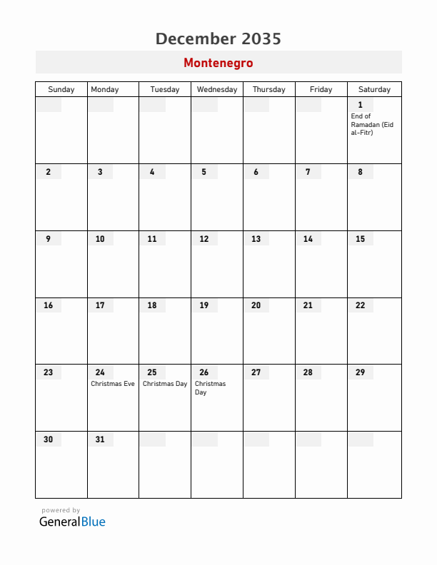 Montenegro December 2035 Calendar with Holidays